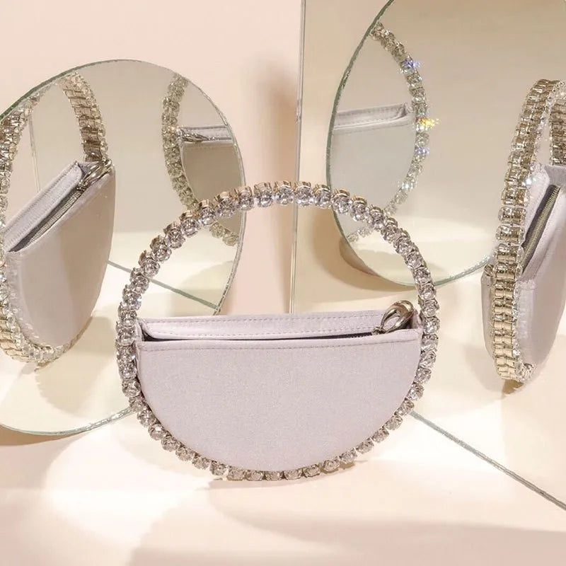 New Arrival Trendy Women Chic Round Satin Crossbody Hand Bag with Round Bling Crystal Handle Evening Party Bag Purse