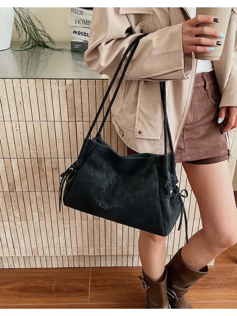 Soft Leather Drawstring Shoulder Bag, Minimalist Tote Purse with Embossed Lettering, Lightweight Daily Casual Use Clutch Bag
