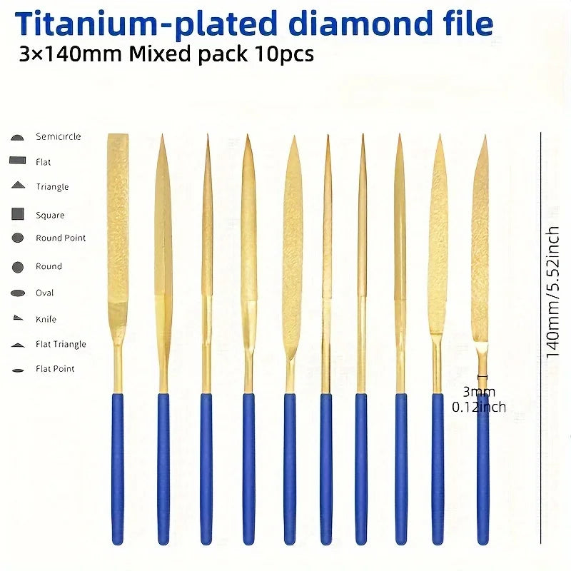 1Set Titanium-Plated Diamond File Set High Frequency Quenching Strong and Wear-Resistant - Industrial Grade