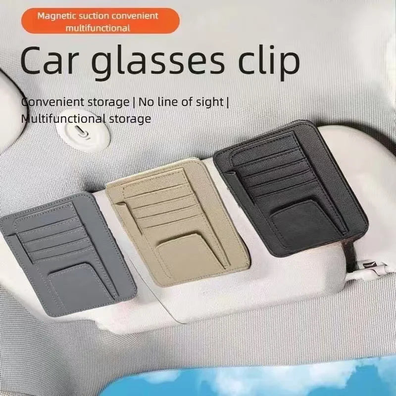Car Sun Visor Glasses Holder Magnetic Eyeglasses Hanger Clip Luxury Leatherette Car Sunglasses Holder Mount Universal