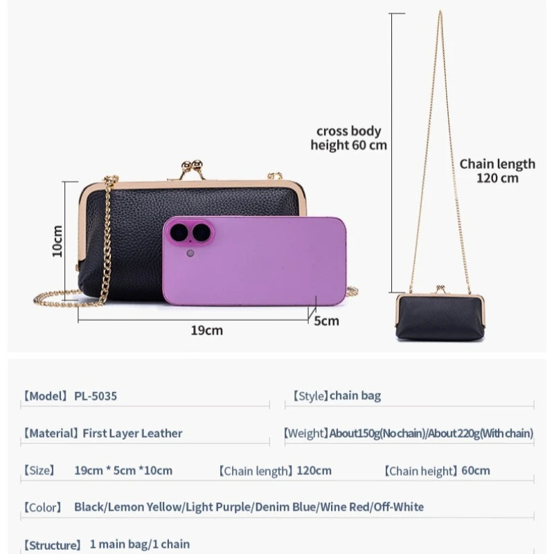 Women's Kiss Lock Clutch Bag, Top Grain Genuine Leather Wallet Large Capacity Travel Clutches with Detachable Chain Strap