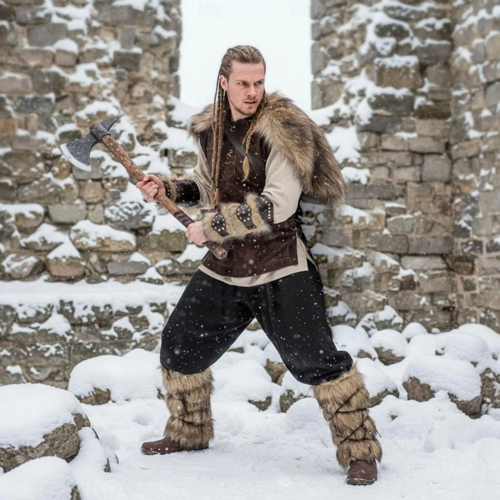 Set Medieval Renaissance Knee Length Outfits Fancy Costume Faux Fur Costume Warrior Men's Viking Halloween Carnival LARP