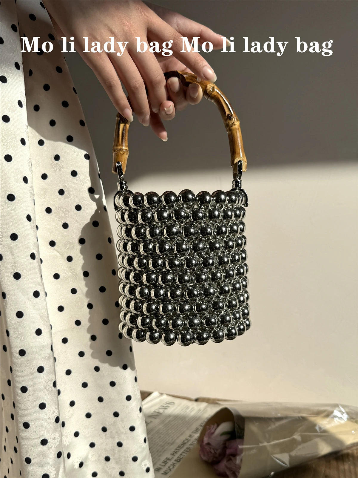 Women Handmde Bead Bag Circular Shape Beading Bucket Bag Bamboo Handle Clutch Wedding Bridal Ladies Handbag Party Evening Bag