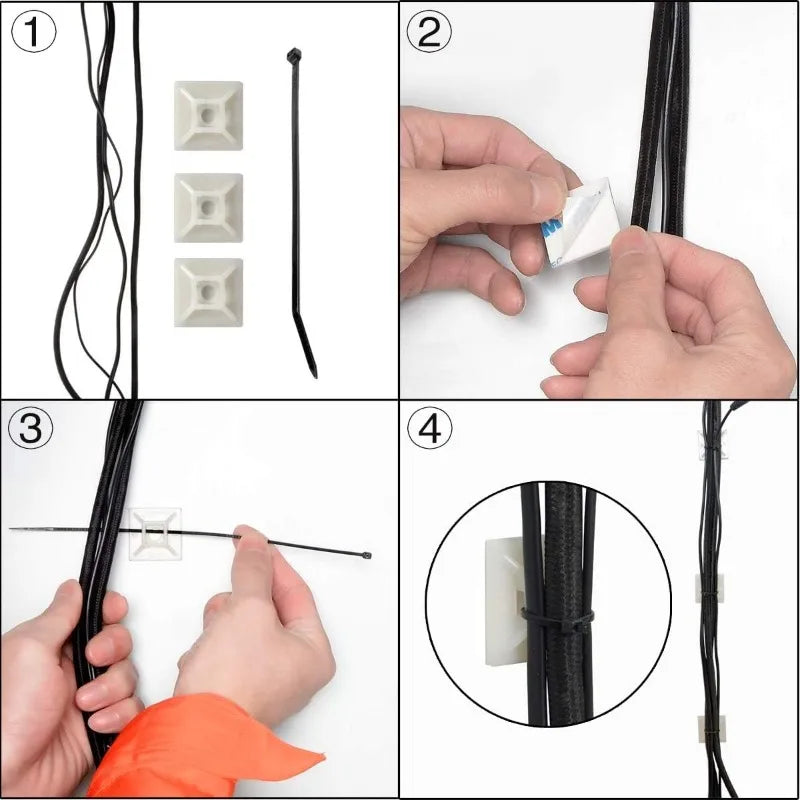 100pcs Self Adhesive Cable Zip Tie Mounts - Black/White Wire Clips & Holders for Cable Management, Adhesive Anchors for Desk