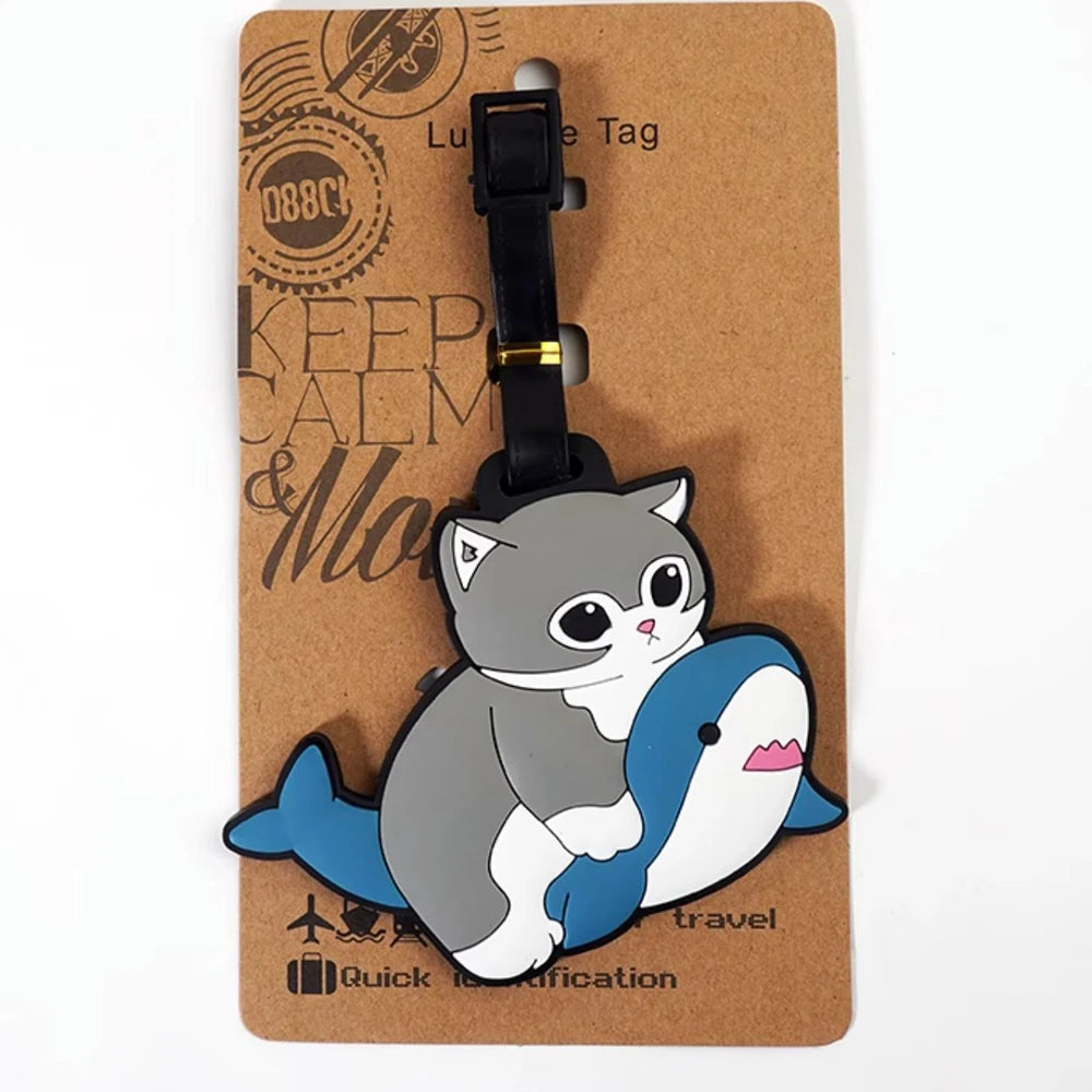 New Cute Shark Cat Luggage Tag Cartoon Anime PVC Bus Card Holder Cover Portable Travel Suitcase Label Antilost Address Card Tag