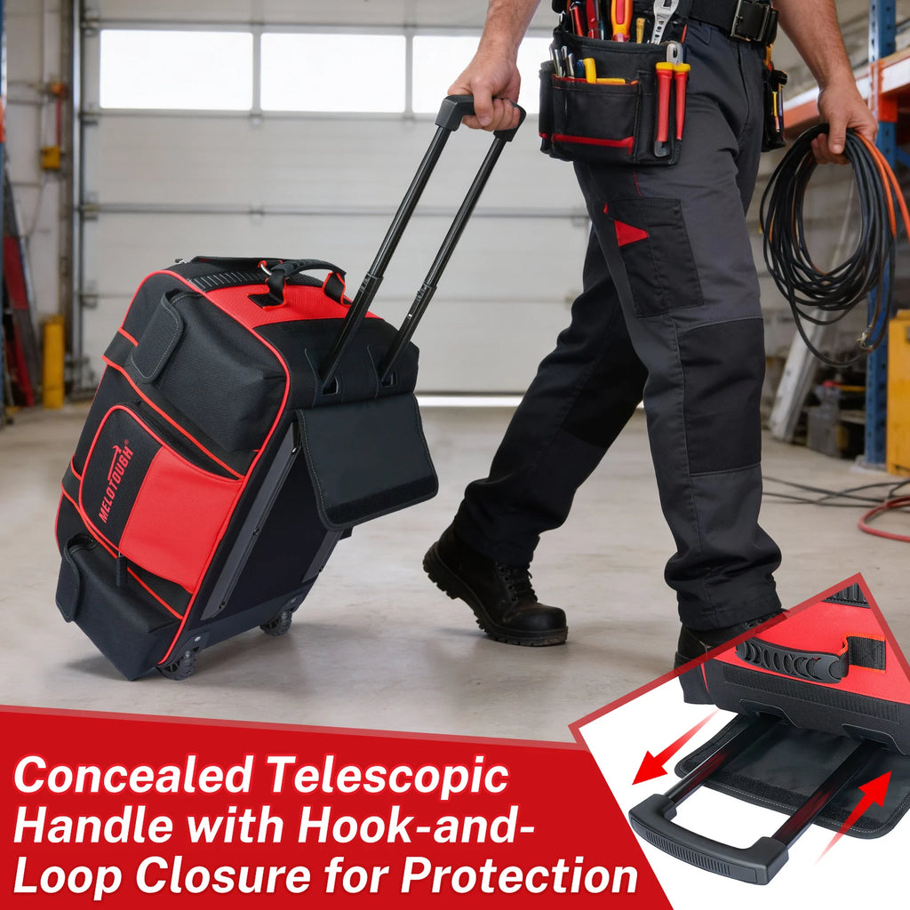 Rolling Tool Bag with Wheels – Heavy Duty Multi-Pocket Telescoping Handle Organizer / Sac à outils à roulettes – Grande capacité poignée télescopique multi-poches
