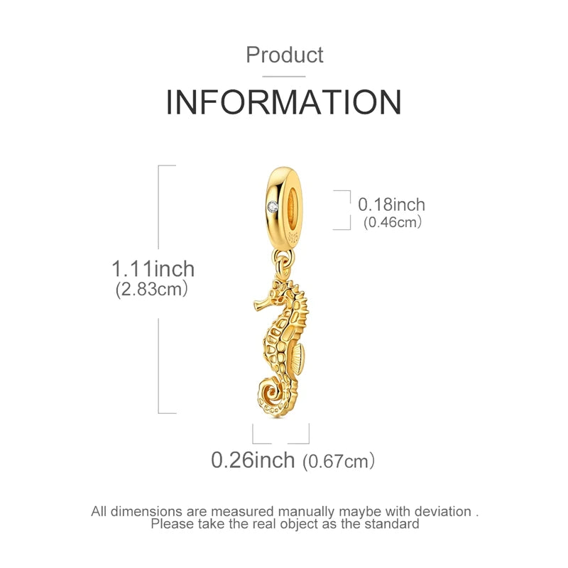 925 Sterling Silver Charms Bead CZ Zircon Gold Seahorse Dangle Fit Original Bracelet DIY Women Jewelry Gift