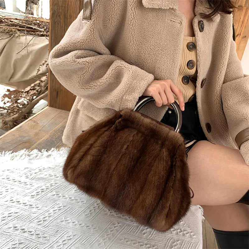 Women's Mink Fur Handbag 2026 New Fashion Designer Fluffy Fur Wrist Bag Large Capacity Soft Shopping Bag Girl Cute Handbag