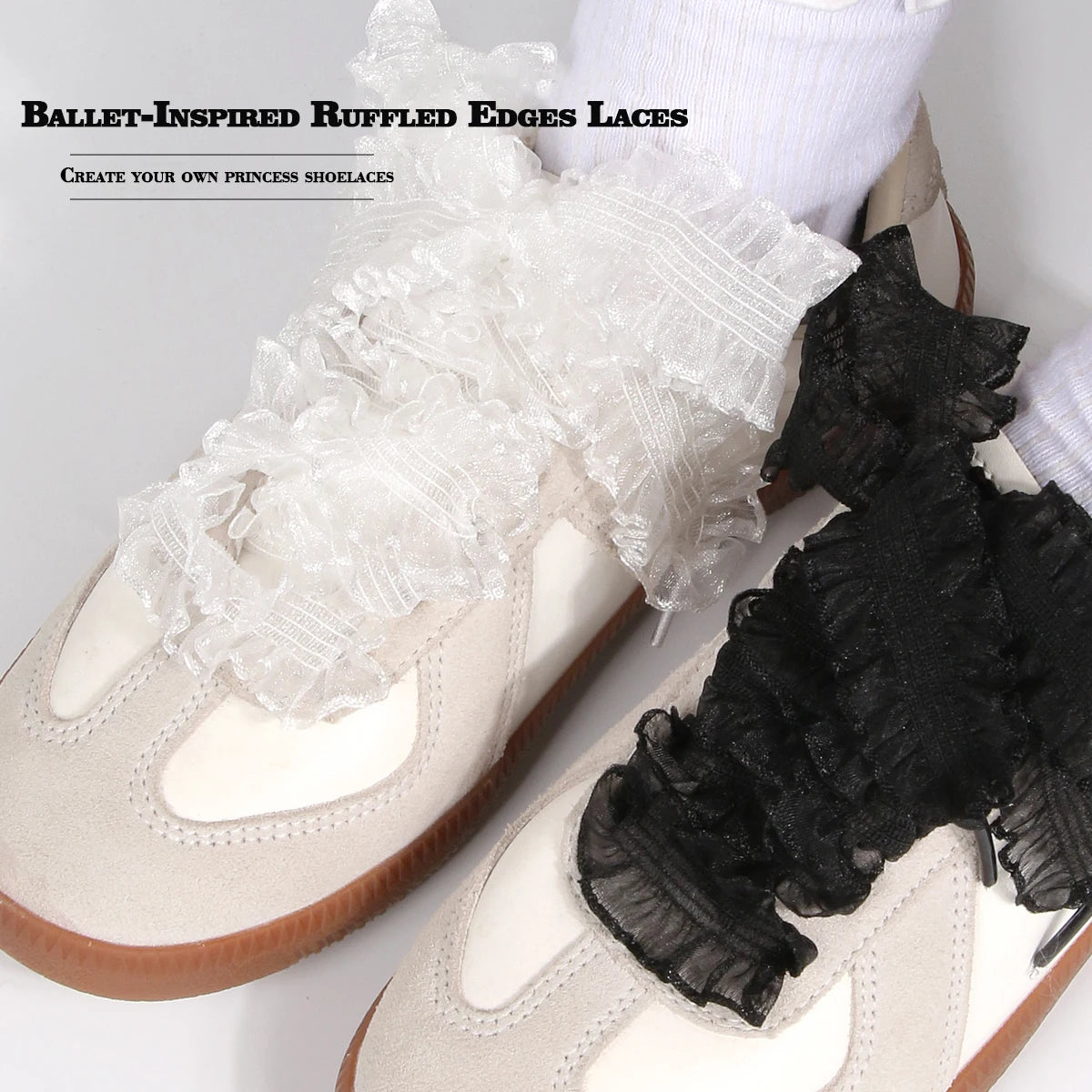 1 pairs Elastic Lace Shoelaces with Ruffled Trim - Fairy wind shoelaces with wooden ear edge（white/black）