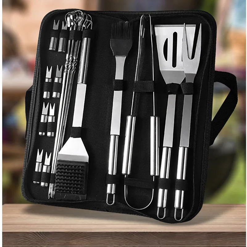 Portable BBQ Grill Tools Set Extra Thick Stainless Steel Fork, Spatula & Tongs - Injector - Complete BBQ Perfect Grill Gifts for