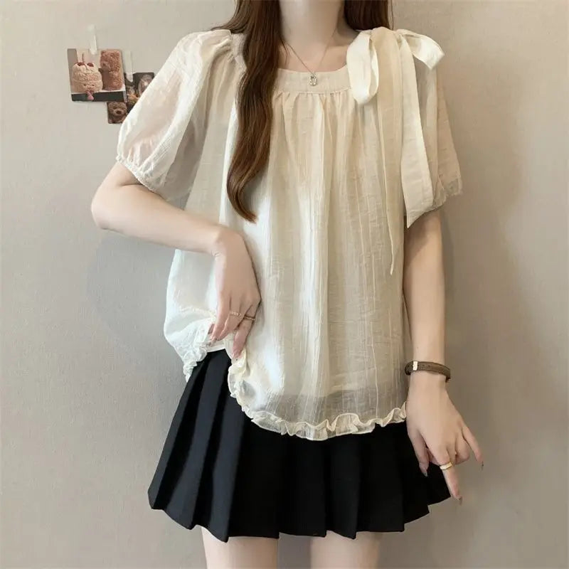 Large size women's clothing summer new solid color loose and cute style bow fungus edge round neck short-sleeved top