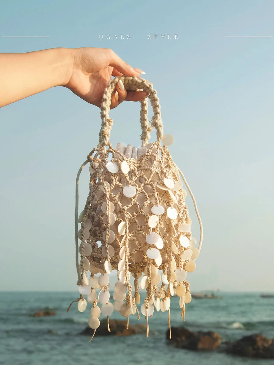 Retro Sequin Woven Tassel Cotton Linen  Hollow out Bucket Evening Elegance Hand Clutch Crossbody Bag