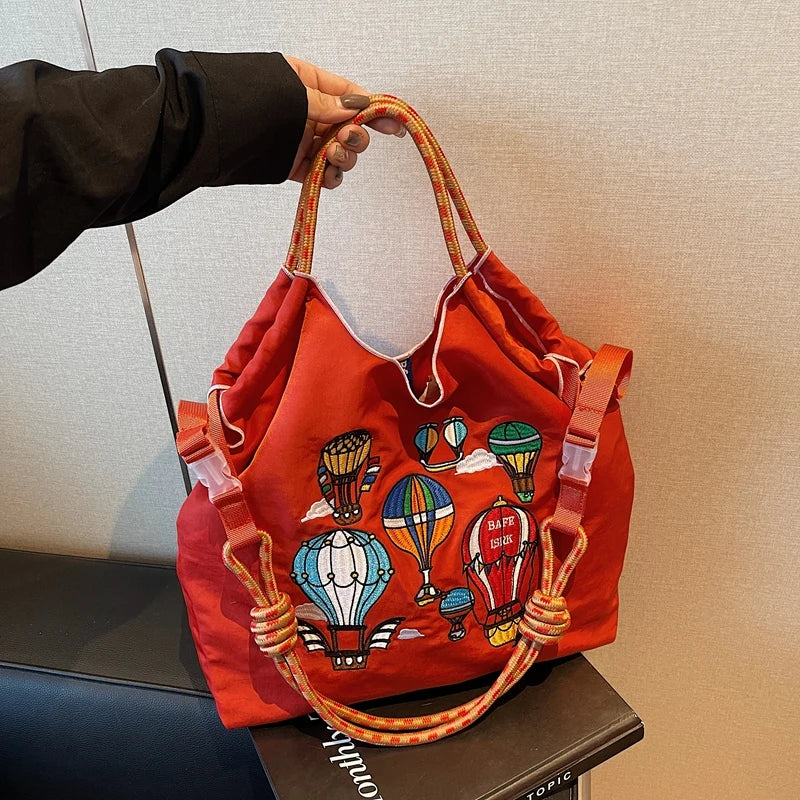 Fashion Embroidered Hot Air Balloon Pattern Large Capacity Lady Canvas Bag New Drawstring Shopping Handbag Thin Style Canvas Bag