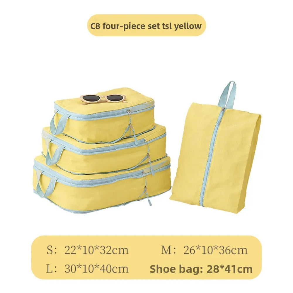 Packing Cubes Taslan Yellow Four Piece Set Space Saving Compression Luggage Organizer with Shoe Bag for Carry on Travel Vacation