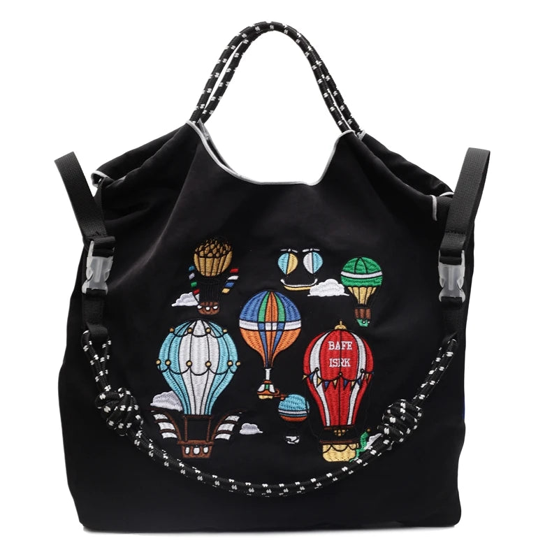 Fashion Embroidered Hot Air Balloon Pattern Large Capacity Lady Canvas Bag New Drawstring Shopping Handbag Thin Style Canvas Bag