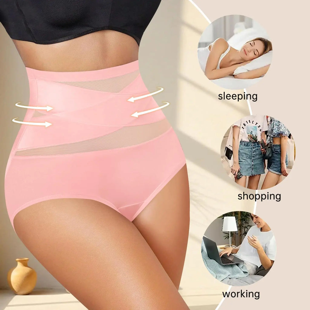 6pcs Plus Size High Waisted Tummy Tightening Ladies Panties Breathable Mesh Cross Hip Lifting Ice Silk Traceless Women's Panties
