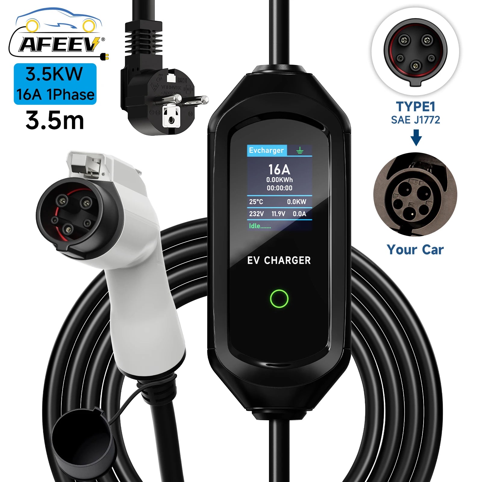 AFEEV Portable EV Charger Type2 IEC62196-2 16A EVSE Fast Charging Cable Type1 SAE J1772 Wallbox 3.5KW GBT Electric Car Charger