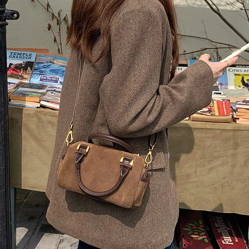Hot Sale Lady Retro Versatile Velvet Boston Bag Women Korean Mini Handbag Female Classic Daily Commute Crossbody Bag
