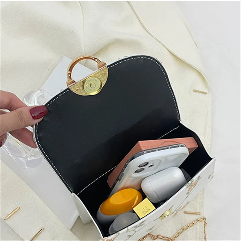 Chic Pearl Handbag for Women Stylish Lace Chain Single Shoulder Bag Synthetic Leather Square Small Tote Bag Women Party Daily