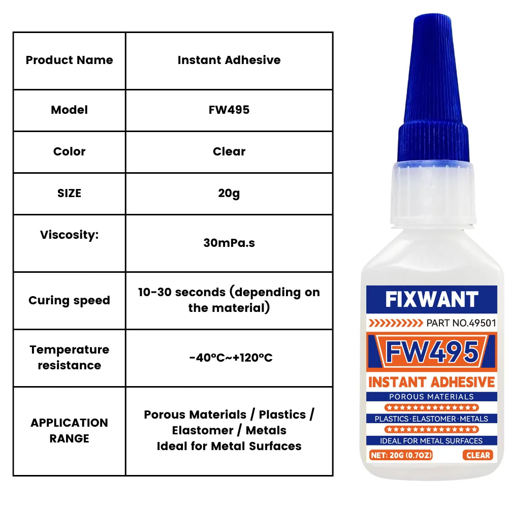 Instant Adhesive FW401/ 403/ 406/ 454/ 460/ 480/ 495/ 496/ 498/ 609 Super Glue Extra Strong Multi-purpose Cyanoacrylate
