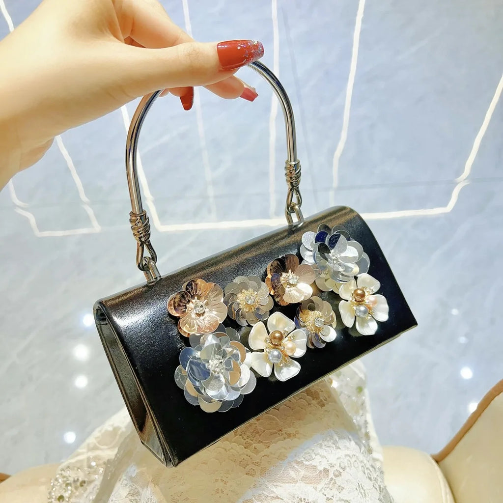 Fashion Glossy Handbag Women's 3D Sequined Flower Evening Bags Celebrity Ladies Formal Wedding Party Clutch Bags Crossbody Purse