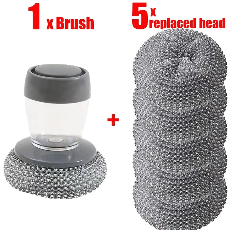 1~5PCs Automatic Liquid Adding Pot Washing Brush Stainless Steel Press Brush Kitchen Tool Household Cleaning Brush