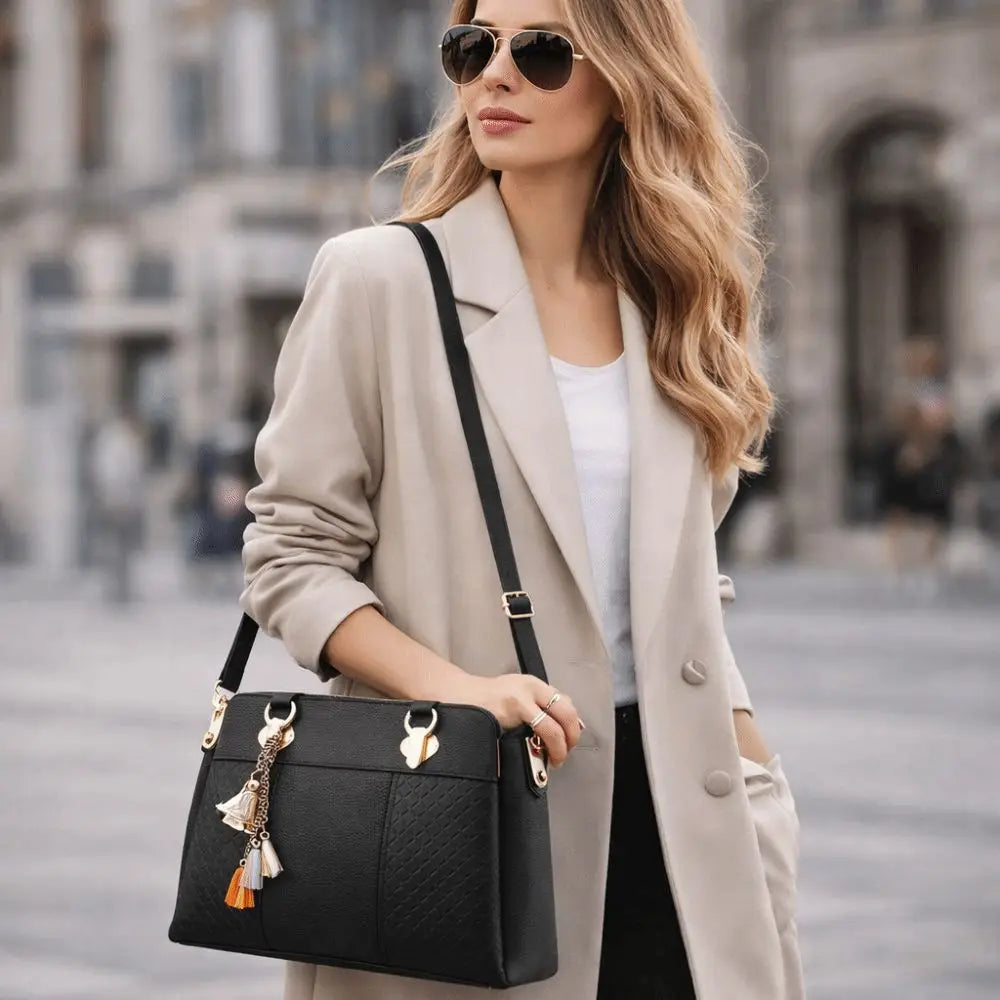 Casual PU Leather Shoulder Bags with Pendant Solid Color Ladies Handbags Large Capacity Embossed Crossbody Bag