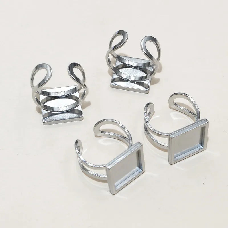 5pcs Stainless Steel Square Rectangle Thick Adjustable Ring Blank Base Settings ,Fit 12/20/25mm Cabochons DIY Rings Bezel Tray