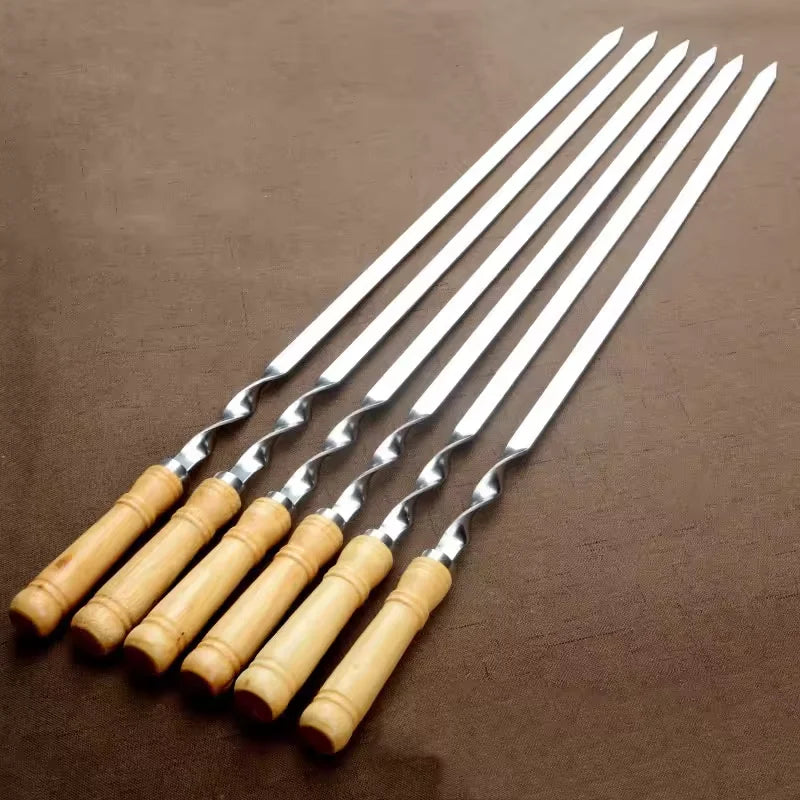 45/55cm BBQ Fork Wood BBQ Skewers Long Handle Kebab Barbecue Grill Sticks Reusable Stainless Steel Outdoor Camping Grill Needle
