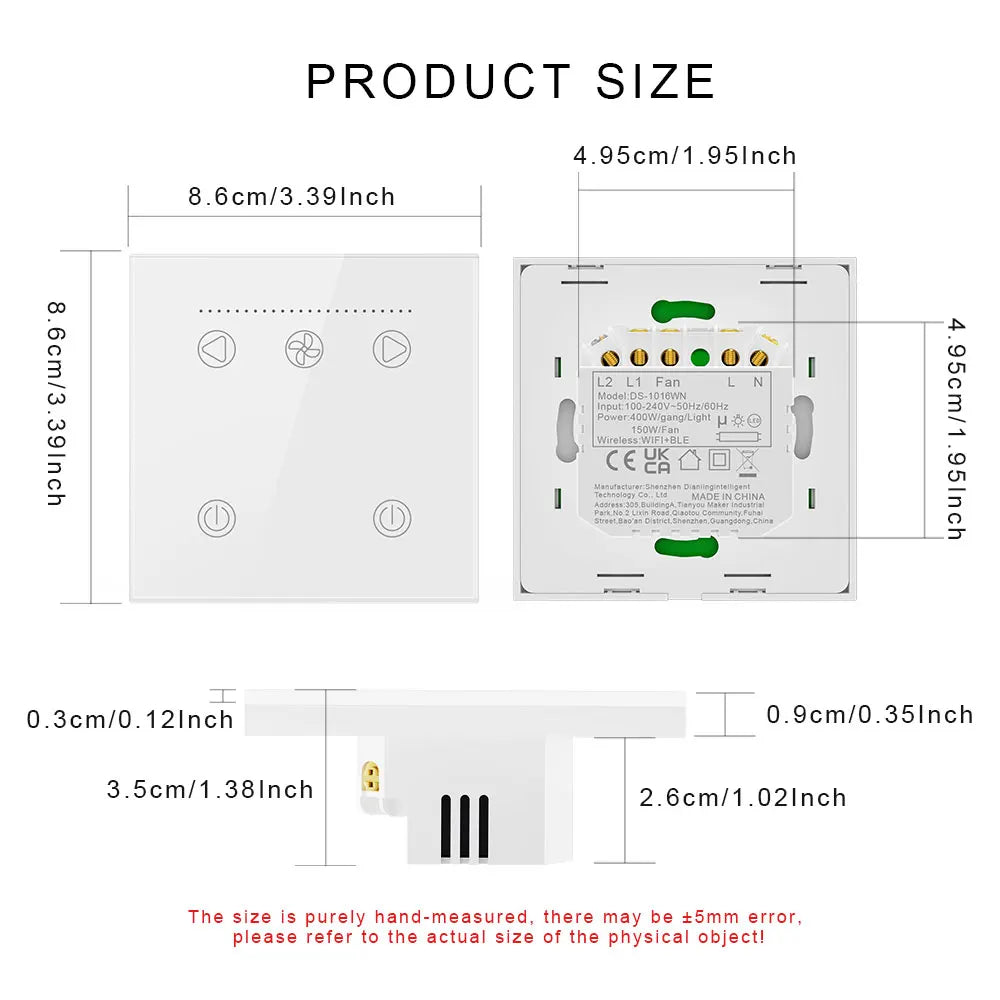 WiFi Smart Switch for Ceiling Fan Light EU Standard Compatible with Alexa/Google Assistant White/Black