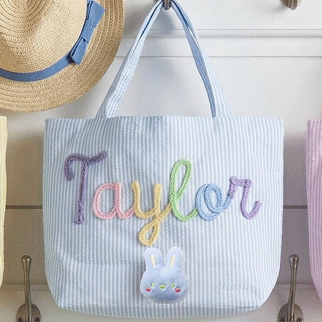 Custom Seersucker Cosmetic Handbag and Travel Organizer — Personalized Chenille Letter Toiletry Bag and Summer Beach Tote