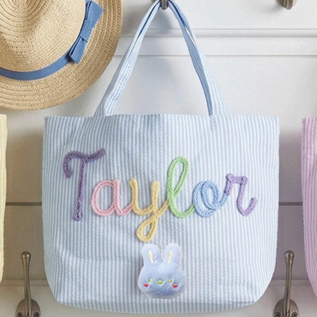 Custom Seersucker Cosmetic Handbag and Travel Organizer — Personalized Chenille Letter Toiletry Bag and Summer Beach Tote