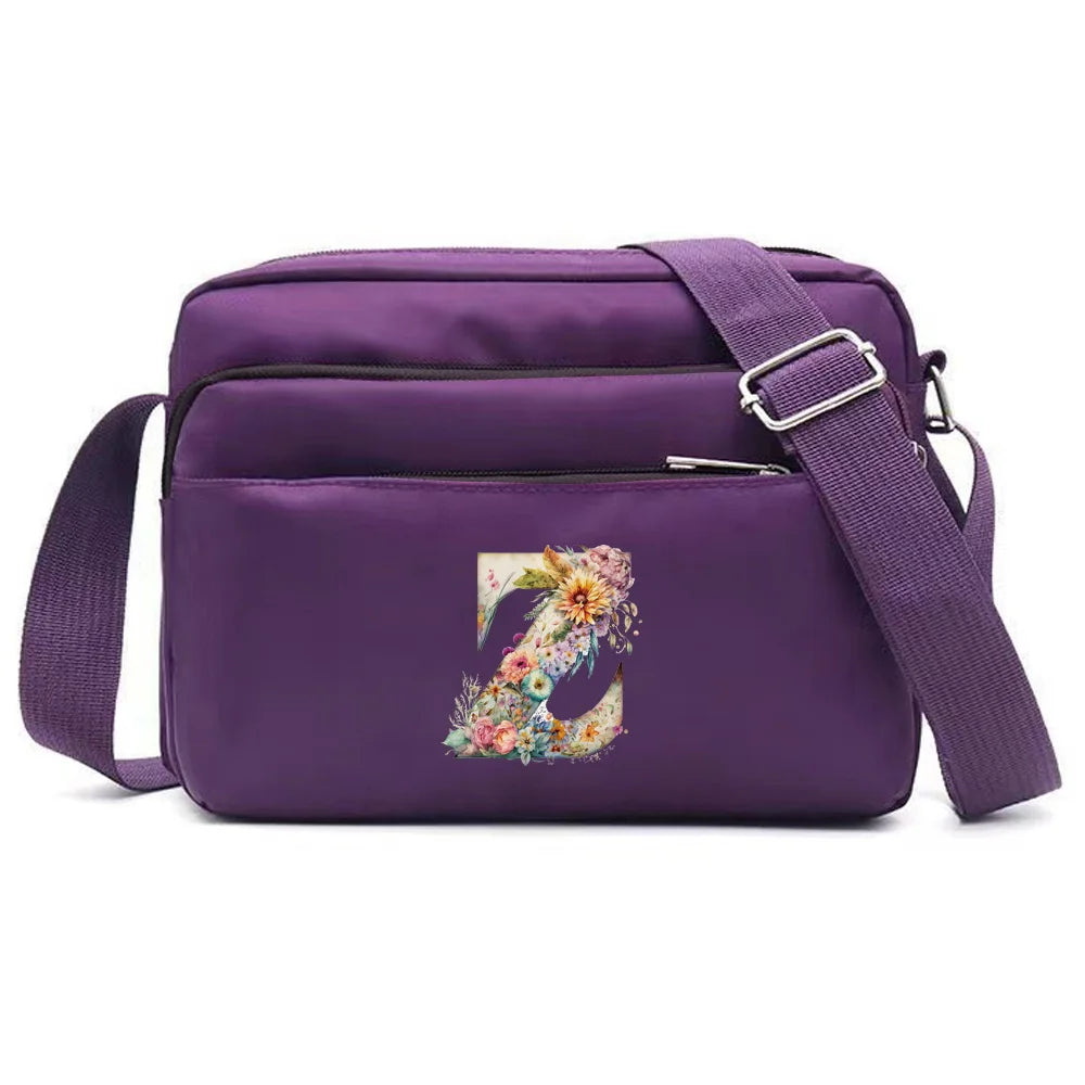 Leisure Purple One Shoulder Crossbody Bag Portable Commuting Large Capacity Floral Letter Series Printing Pattern Storage Bag