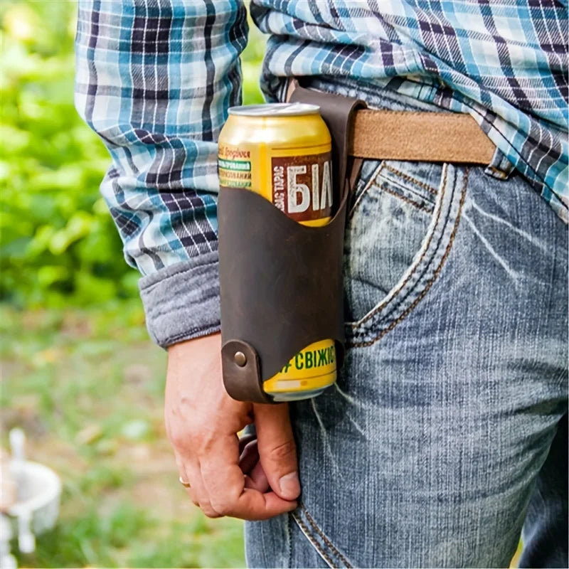 1pc PU Leather Beer Can Holder, Adjustable Waist Belt for 330ml/500ml, Waterproof Men's Outdoor Travel Accessory