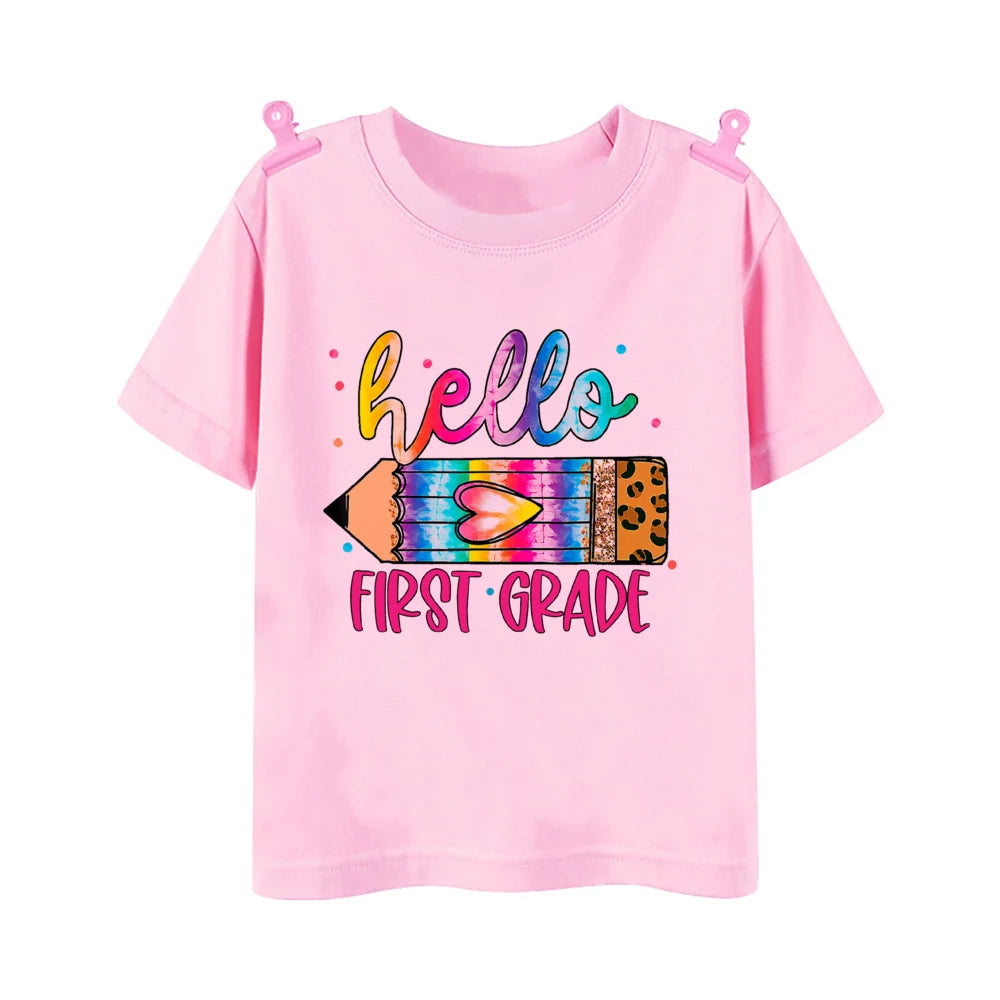 Hello First Grade Leopard Printed Kids Shirt 1-5 Grade Child Back To School Outfit  T-shirt Boys Girls Short Sleeve Tee Clothes