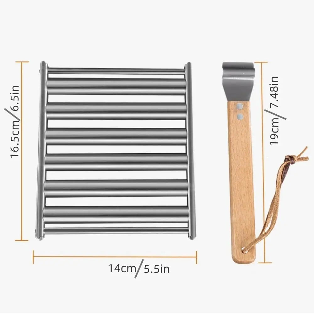 Portable Stainless Steel Hot Dog Sausage Roller Grill Long Wooden Handle Even Cooking BBQ Tool For  Picnic Camp Outdoor Barbecue