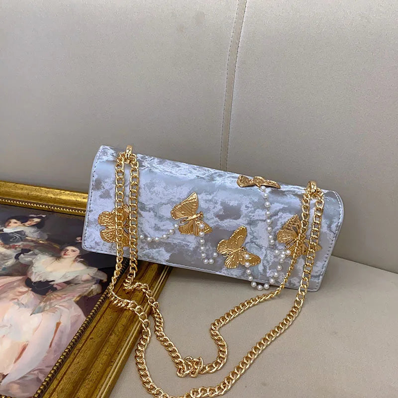 High Quality Textured PU Square Bag Metal Butterfly Pearl Beading Lady Purse Women's Handbag Fashion Shoulder Messenger Bag