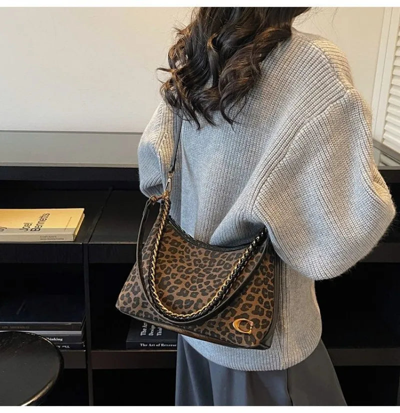 Y2K leopard print shoulder bag for women, 2026 new model, high-end style, underarm bag with adjustable chain strap,crossbody bag