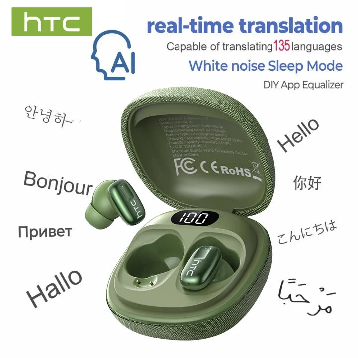 HTC NE75 Bluetooth Earphones 135 Language AI translator Earbud Low Latency Battery Display Long Battery Soft Wireless Headphones