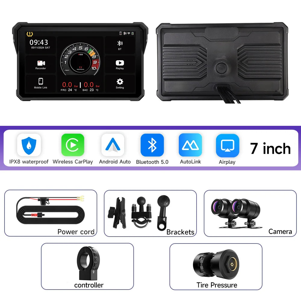 5/7 Inch Portable Motorcycle DVR GPS Navigation IPX8 Waterproof LCD Display For Wireless CarPlay Android Auto Multimedia Player