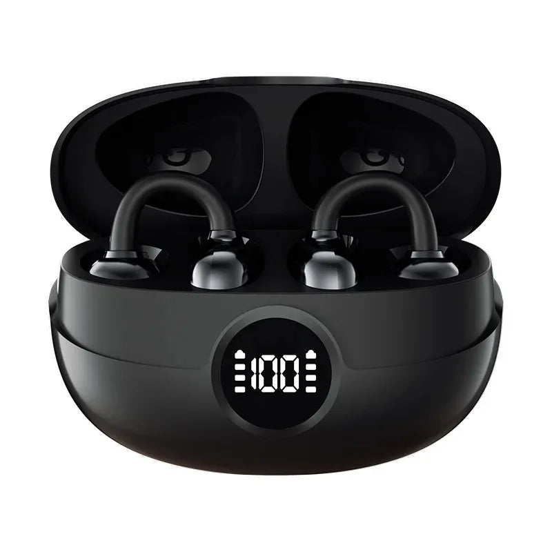 Wireless Clip-On Earbuds with Digital Power Display HiFi Sound Noise Cancelling Headphones Long Battery Life Built-in Microphone