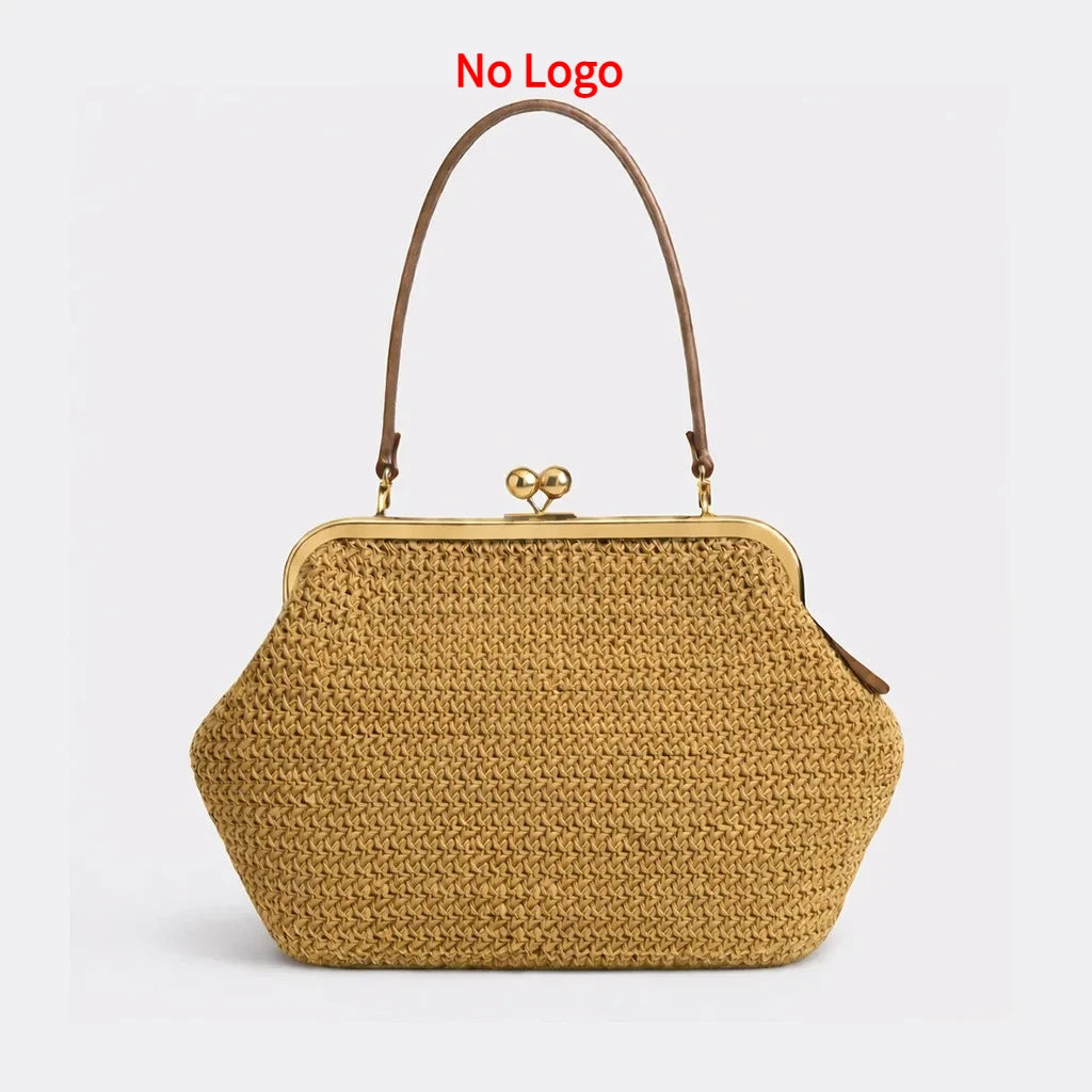 New Fashion Large Striped Clip Shell Clucth Bag for Women Designer PP Straw Handbags Luxury Summer Beach Woven Bags Vacation