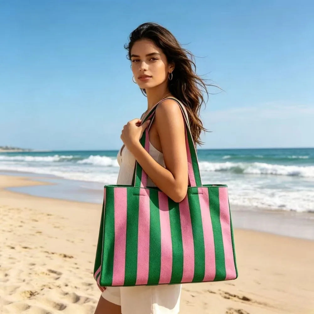 2026 New Bohemian Style Knitted Striped Woven Bag Large Capacity Yarn Handheld Tote Bag