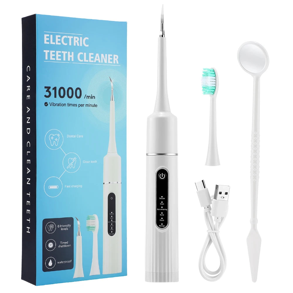 Electric Tooth Cleaner Waterproof Toothbrush Sonic Vibration Dental Scaler Plaque Calculus Tartar Remover With 5pcs Brush Heads
