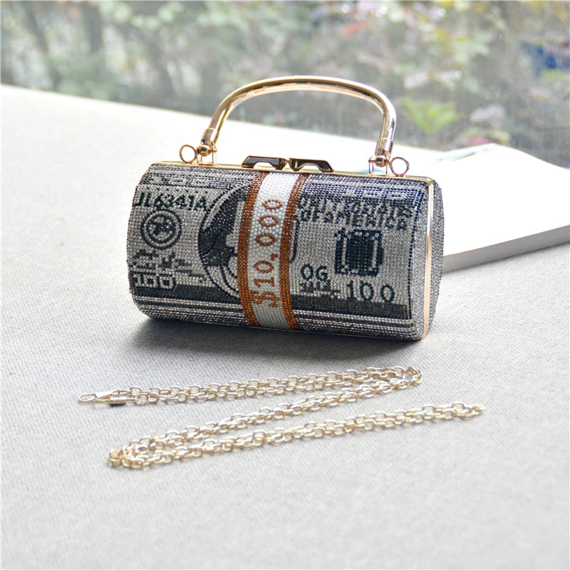 Luxury Money Clutch Rhinestone Purse 10000 Dollars Stack of Cash Evening Handbags Shoulder Wedding Dinner Bag Wallet