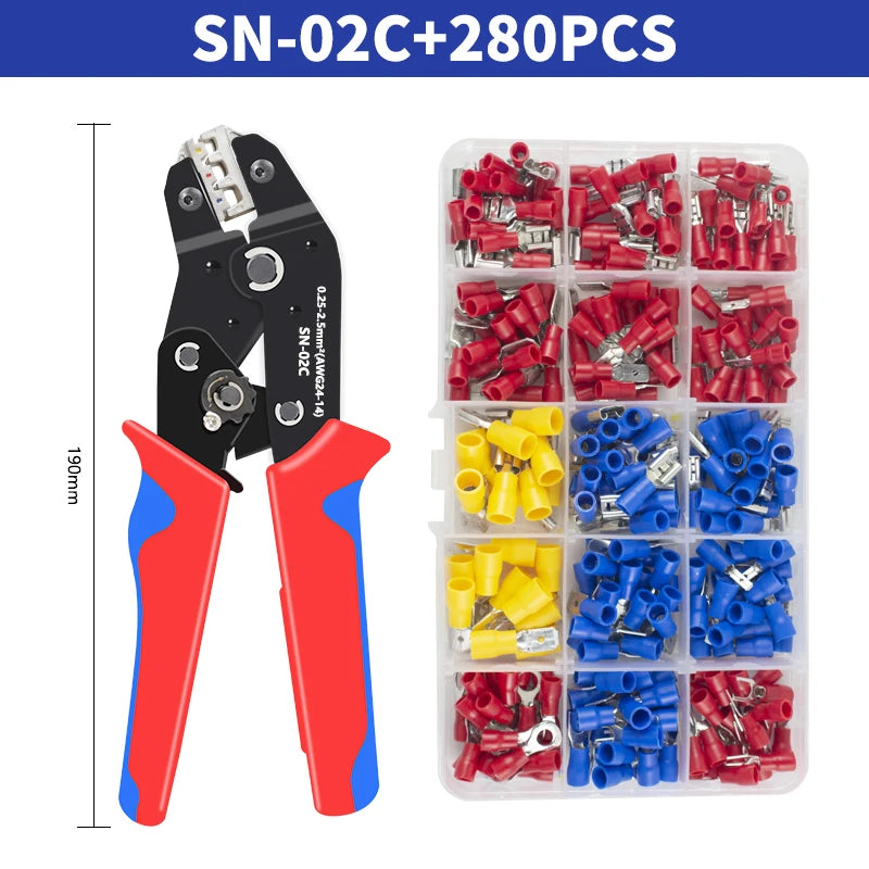 Hand Crimping Tool 0.25-2.5mm² Adjustable Ratchat Crimper Plier 280pcs Cable Lugs Assortment Kit Insulated Wire Crimp Set SN-02C