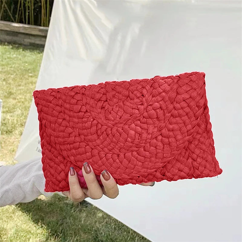Women Fashion Flap Envelope Bags Summer Beach Bag Handmade Wallet Straw Knitted Handbag Lady Coin Phone Long Purse Clutches