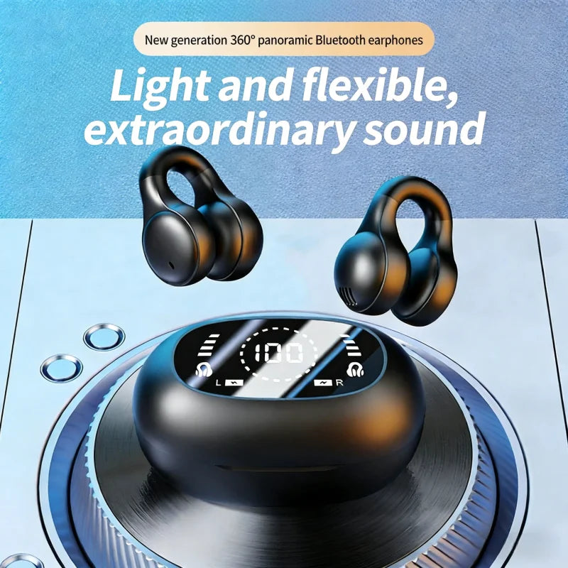 Mirror Digital Display Wireless Bluetooth Headphones Soft Silicone Ear Clip Noise Reduction HiFi Lossless Stereo Sports Earbuds