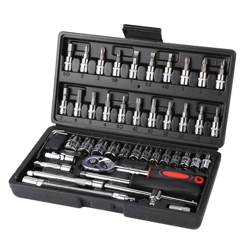 46Pcs Drive Socket Set 1/4 inch Ratchet Wrench Set Sockets Metric Hex Bit Socket Set Mechanic Tool Kit for Auto Repair Hous