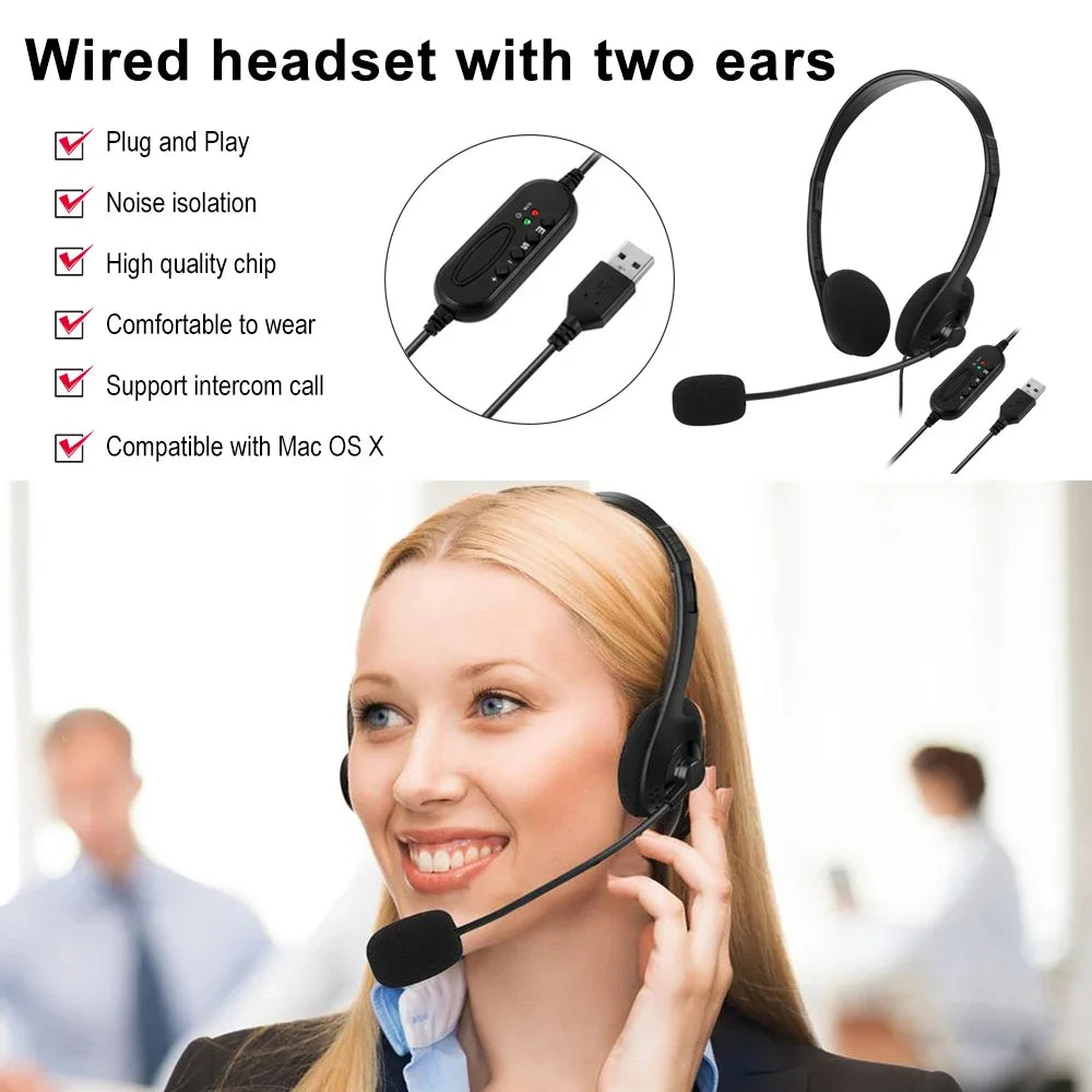 USB noise cancelling headset with microphone for computer calls Chat call centre headset Service headset